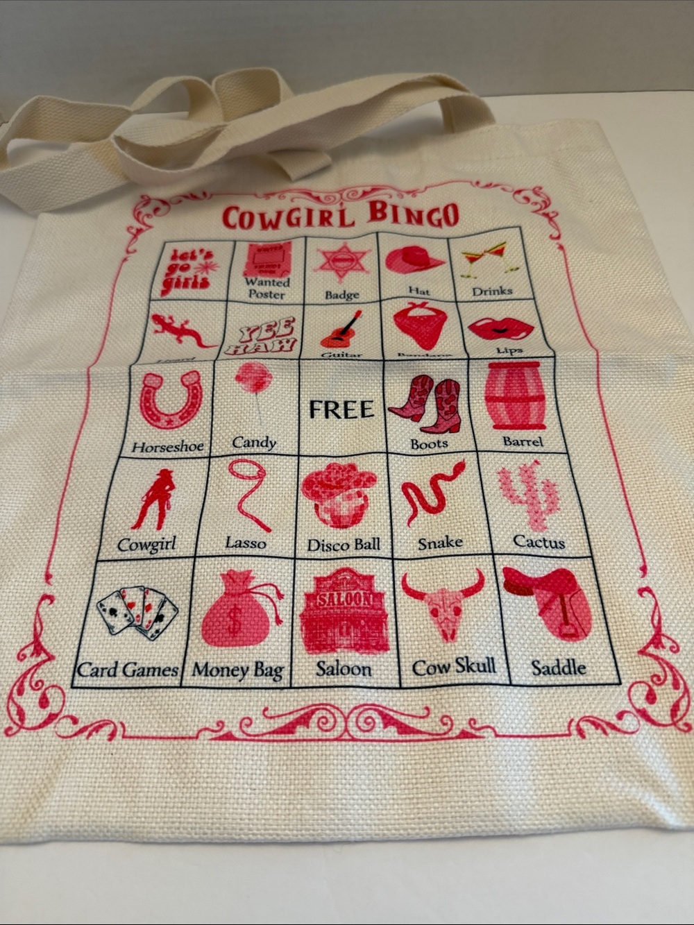 Cowgirl Bingo Printed Canvas Tote Bag - Pink on Cream